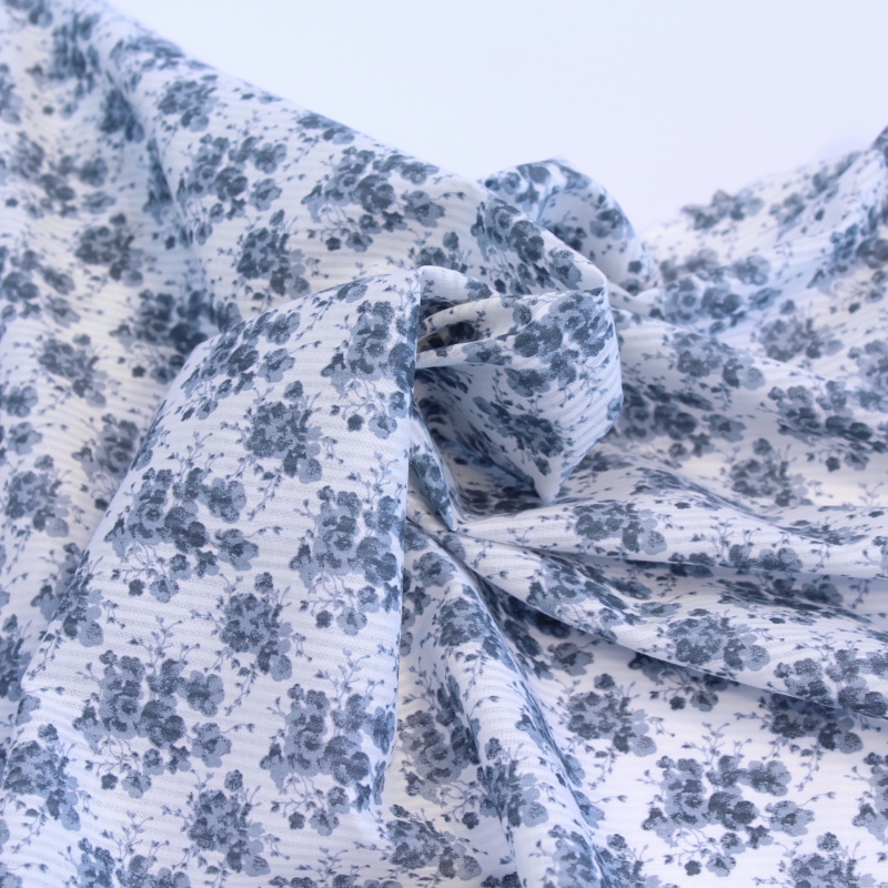 Voile de coton organique rayé imprimé fleuri bleu encre