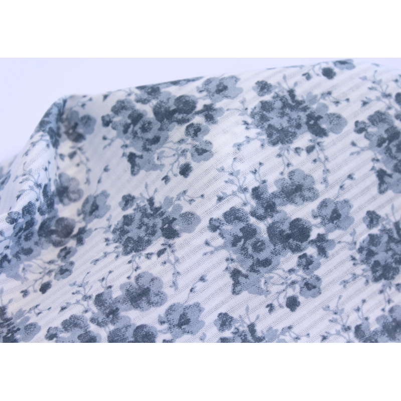 Voile de coton organique rayé imprimé fleuri bleu encre