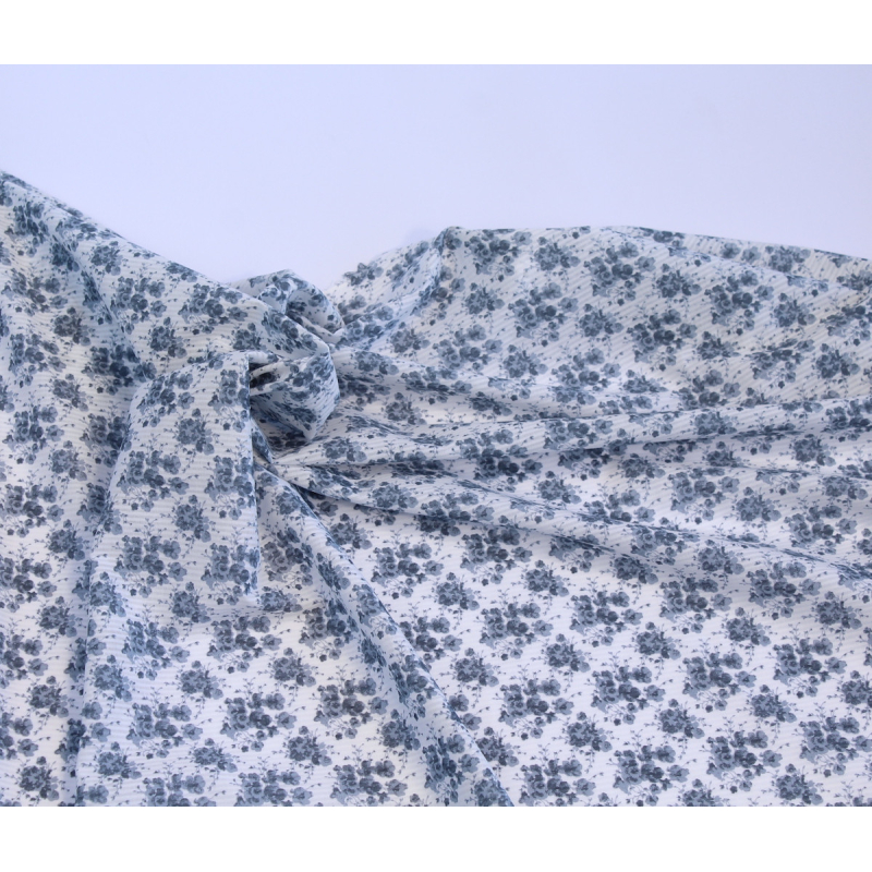 Voile de coton organique rayé imprimé fleuri bleu encre