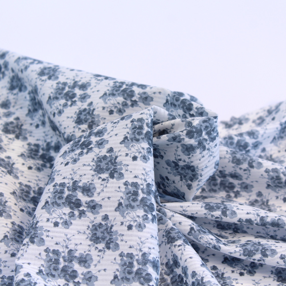 Voile de coton organique rayé imprimé fleuri bleu encre