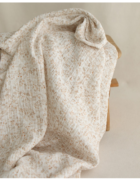 Double gaze de coton imprimés fleuri beige clair