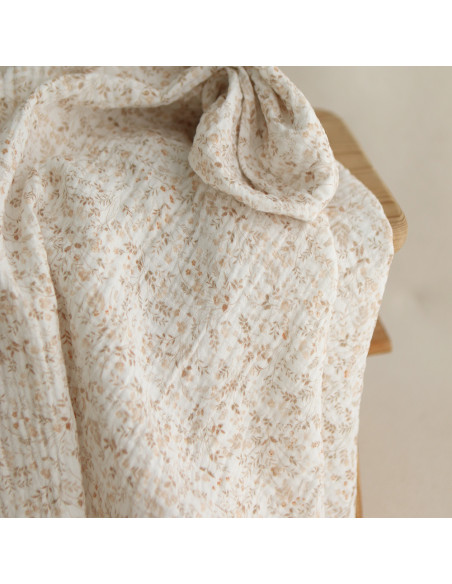 Double gaze de coton imprimés fleuri beige clair