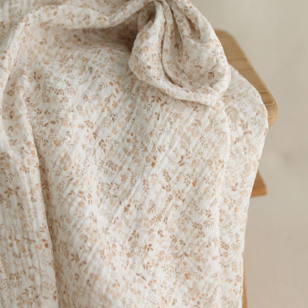 Double gaze de coton imprimés fleuri beige clair