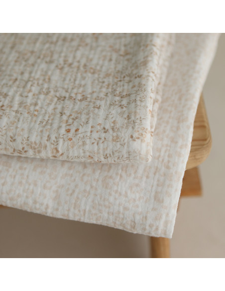 Double gaze de coton imprimés fleuri beige clair