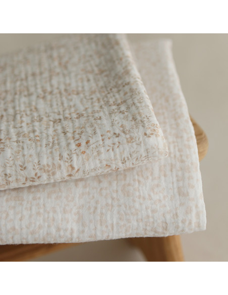 Double gaze de coton imprimés fleuri beige clair