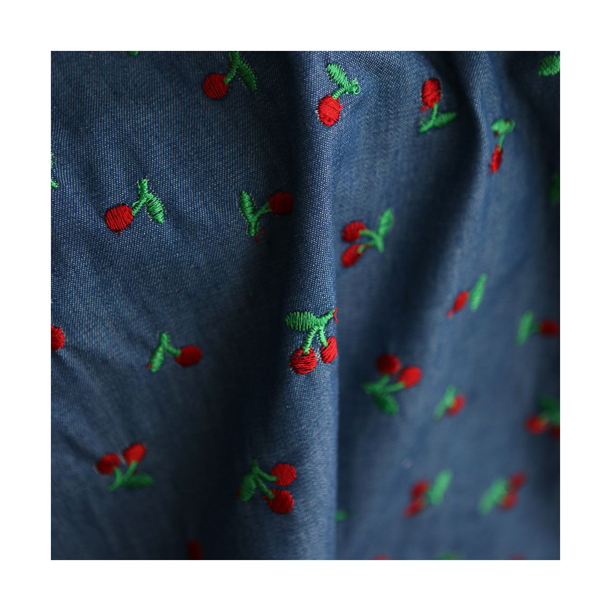 Jean denim léger coton 140gr broderies cerises