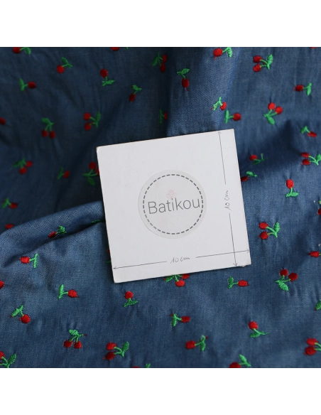 Jean denim léger coton 140gr broderies cerises