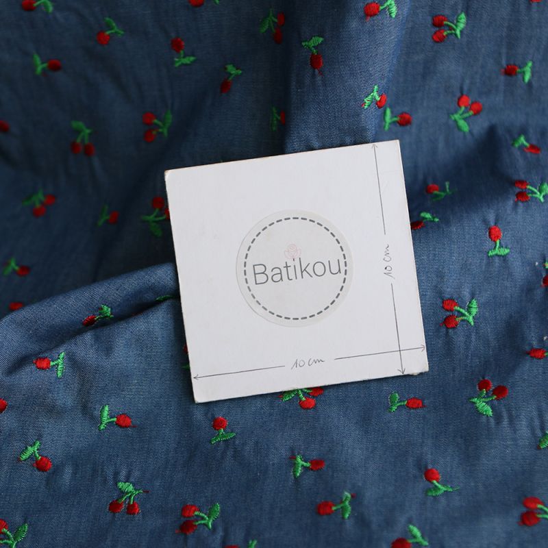 Jean denim léger coton 140gr broderies cerises