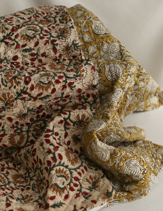 Nisha & Sita - Tissu indien matelassé double face coton hand block teal largeur 100cm