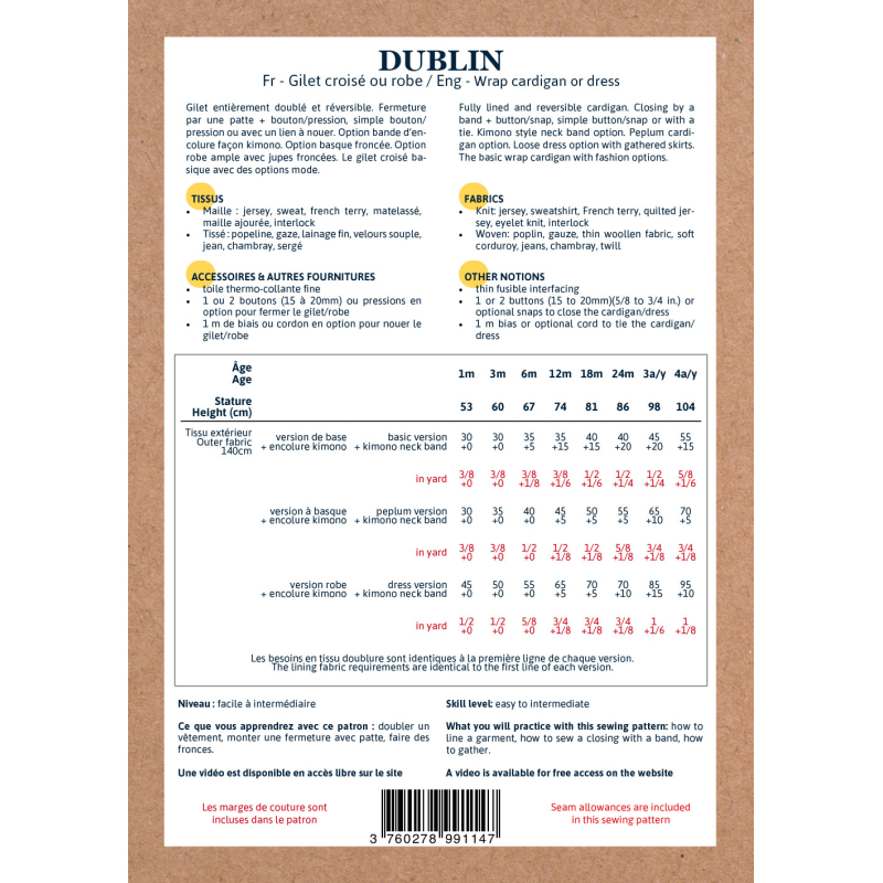 Pochette patron Ikatee DUBLIN 6M-4A