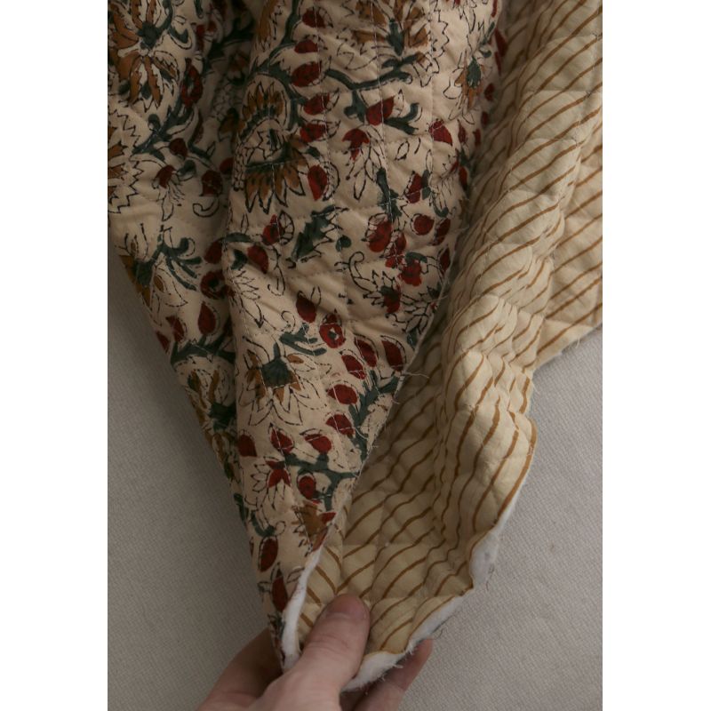 Nisha & rayures - Tissu indien matelassé double face coton hand block teal largeur 100cm