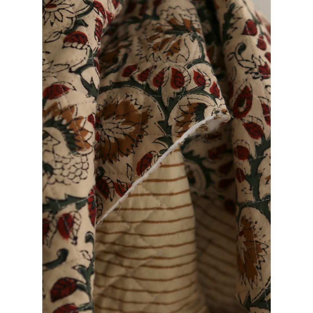 Nisha & rayures - Tissu indien matelassé double face coton hand block teal largeur 100cm