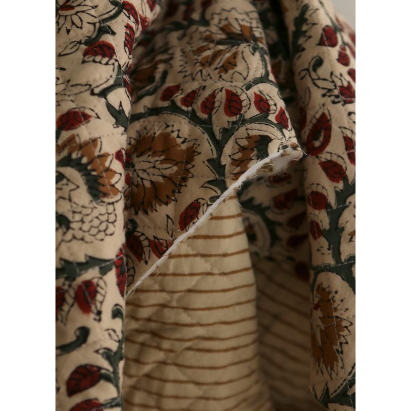 Nisha & rayures - Tissu indien matelassé double face coton hand block teal largeur 100cm