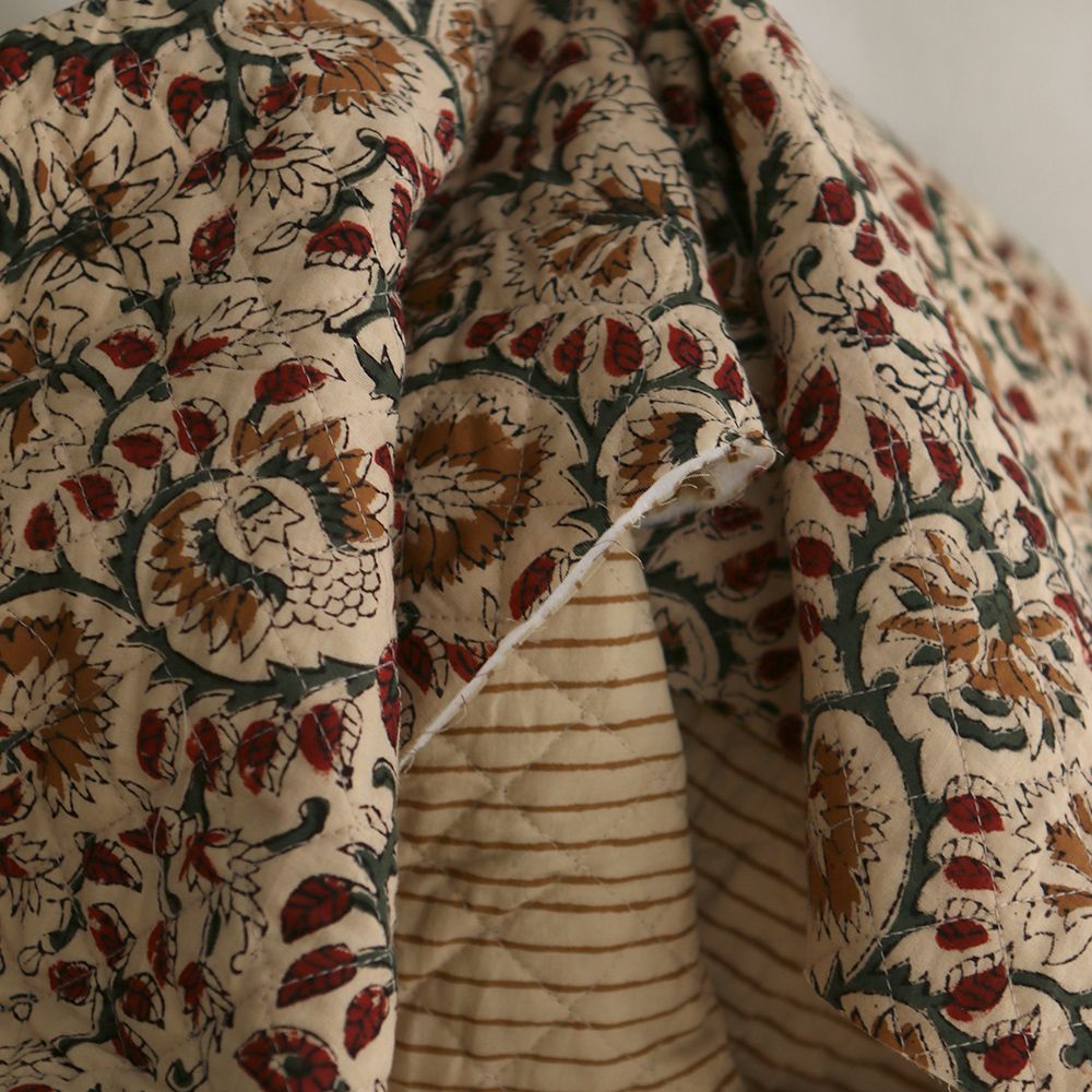 Nisha & rayures - Tissu indien matelassé double face coton hand block teal largeur 100cm