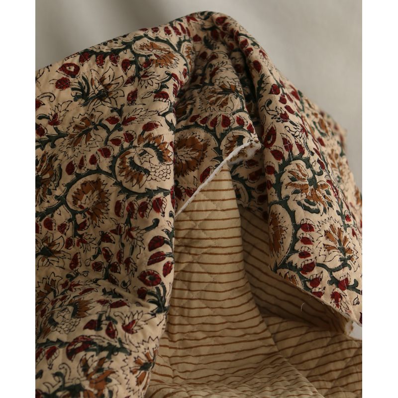 Nisha & rayures - Tissu indien matelassé double face coton hand block teal largeur 100cm