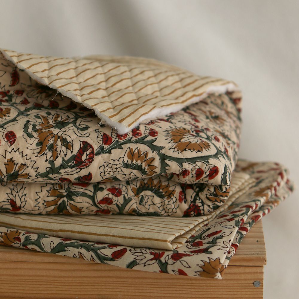 Nisha & rayures - Tissu indien matelassé double face coton hand block teal largeur 100cm