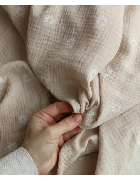 Daisy - Double gaze coton BIO motif exclusif fond crème