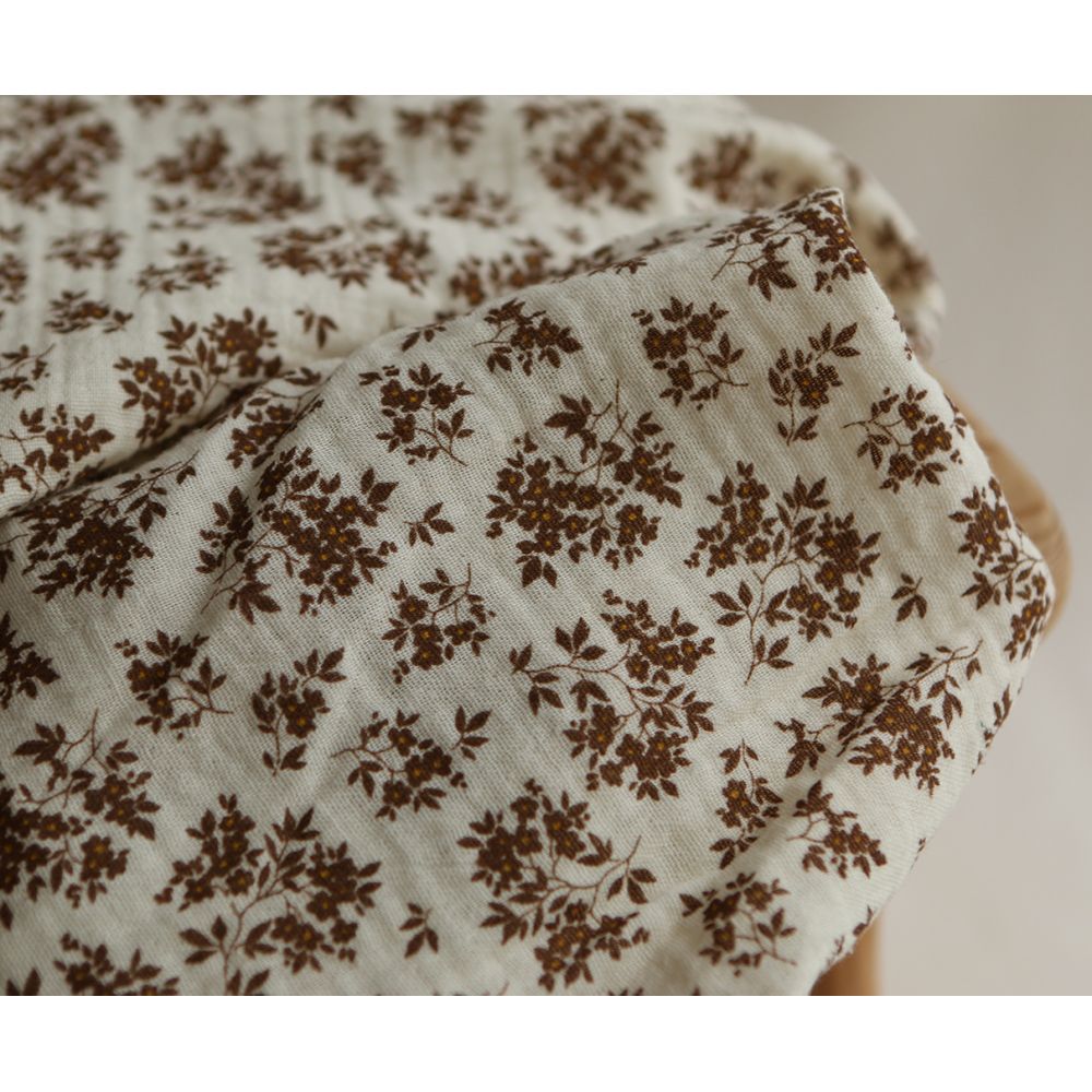 Soumeya - Double gaze coton BIO motif exclusif fond écru chocolat