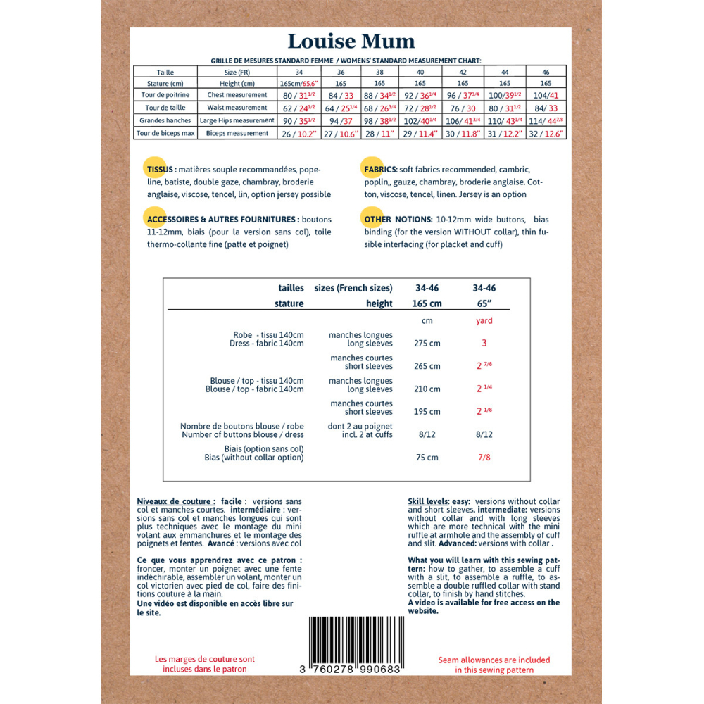 Pochette patron Ikatee LOUISE mum du 34 au 46