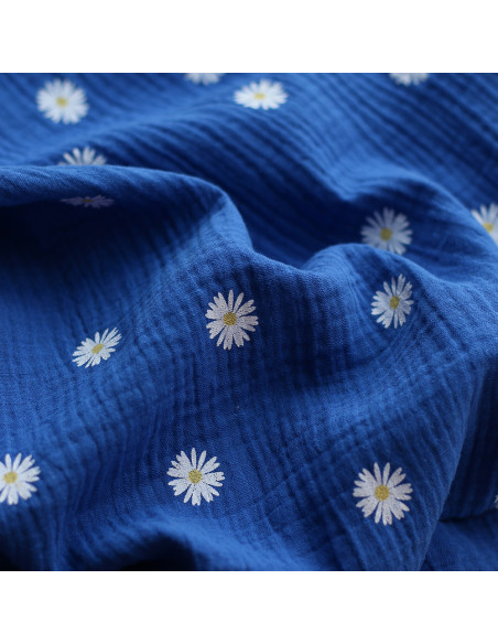 Daisy - Double gaze coton BIO motif exclusif fond bleu cobalt