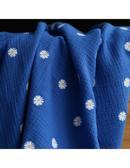 Daisy - Double gaze coton BIO motif exclusif fond bleu cobalt