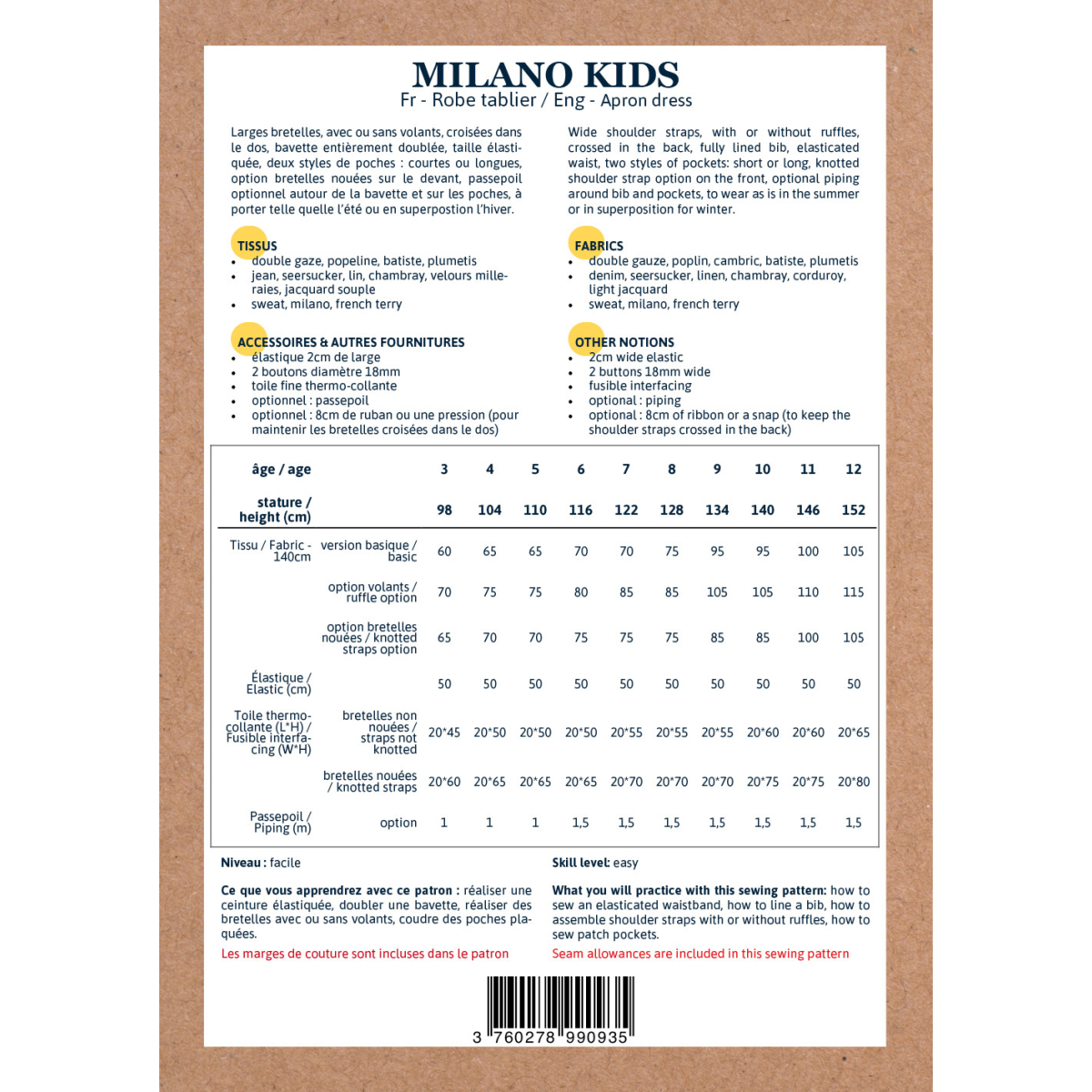 Pochette patron Ikatee MILANO kids 3A-12A Pochette patron Ikatee MILANO kids 3A-12A