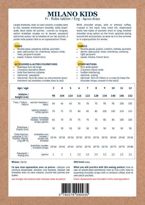 Pochette patron Ikatee MILANO kids 3A-12A