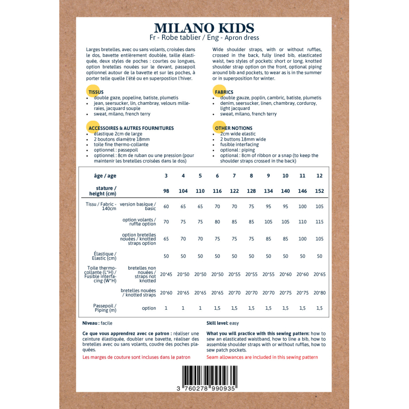 Pochette patron Ikatee MILANO kids 3A-12A