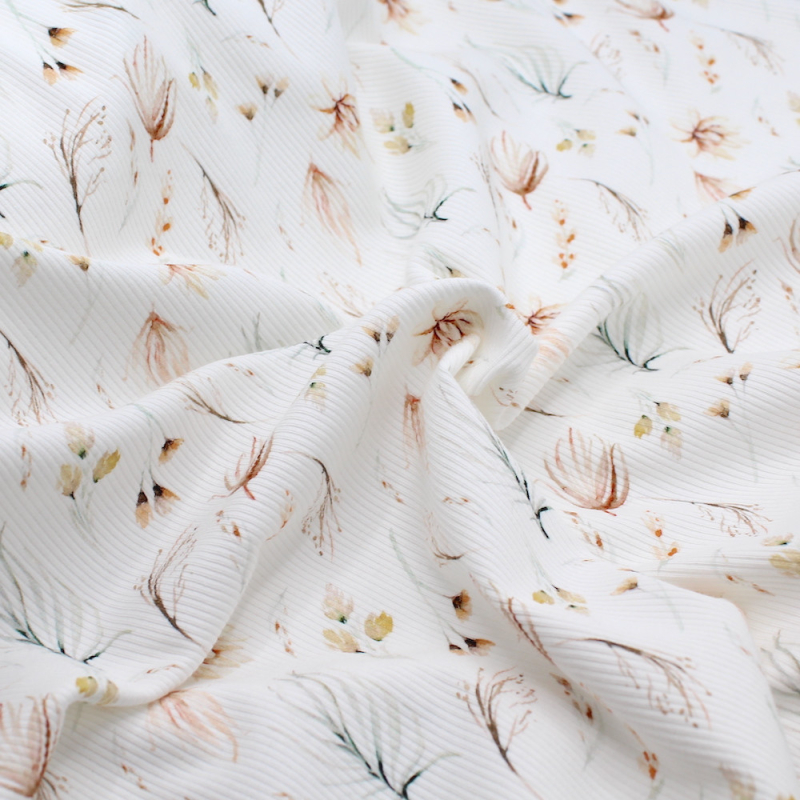 Tissu jersey fines côtes mélange coton motif fleuri feuille nature