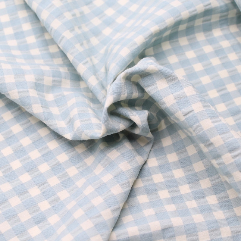 Seersucker / Coton gaufré vichy moyen aqua écru