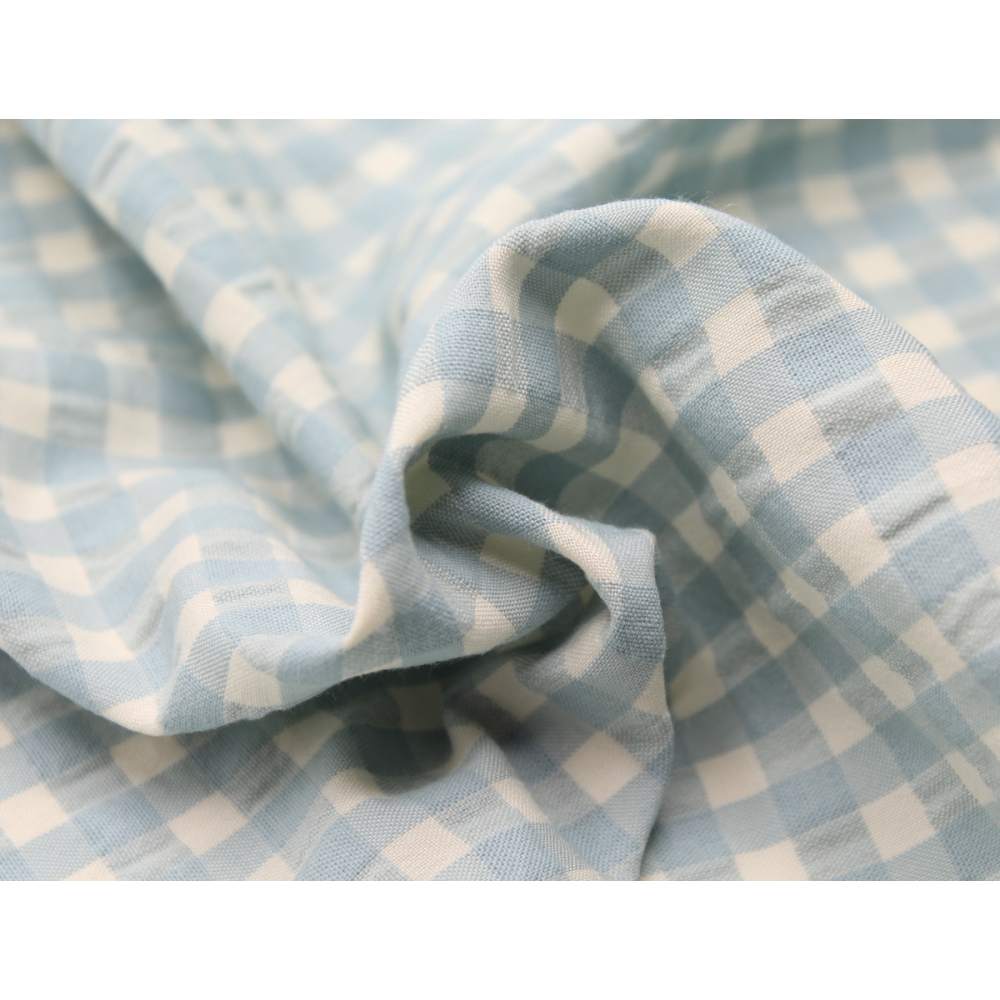 Seersucker / Coton gaufré vichy moyen aqua écru