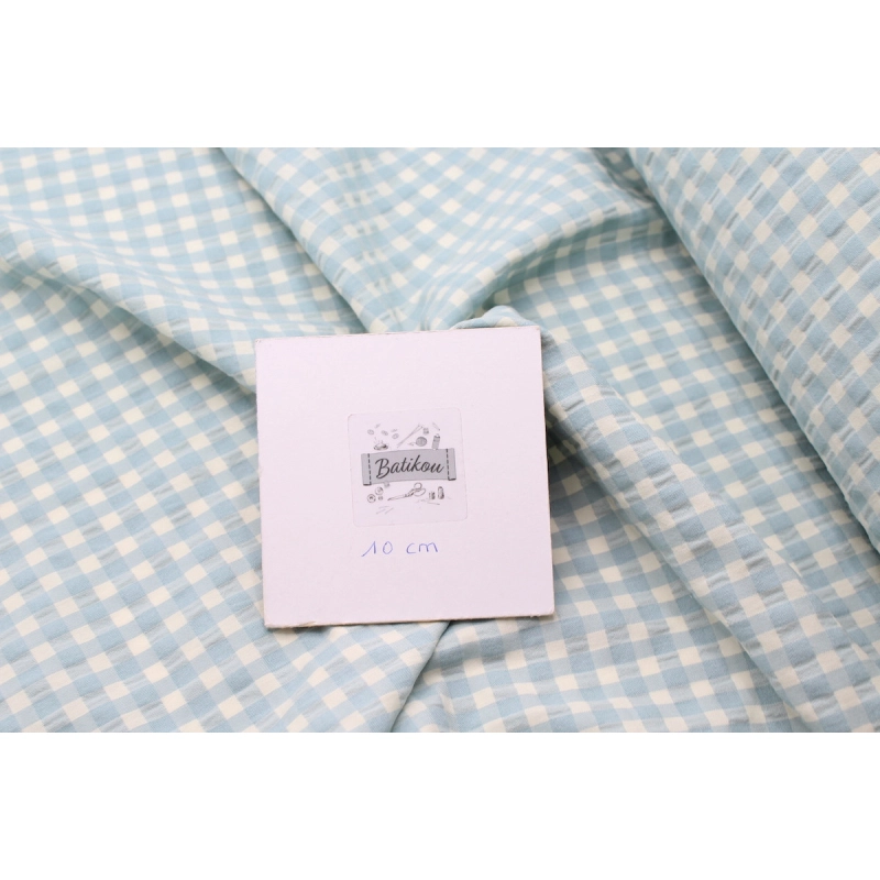 Seersucker / Coton gaufré vichy moyen aqua écru