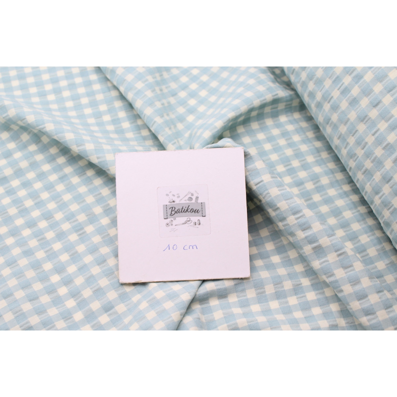 Seersucker / Coton gaufré vichy moyen aqua écru