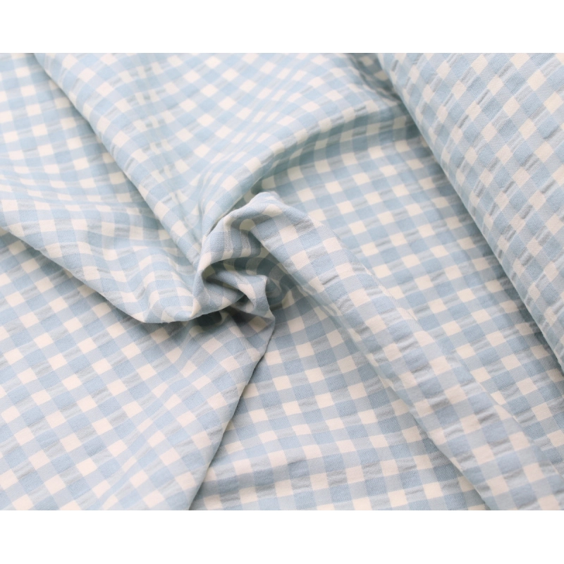 Seersucker / Coton gaufré vichy moyen aqua écru