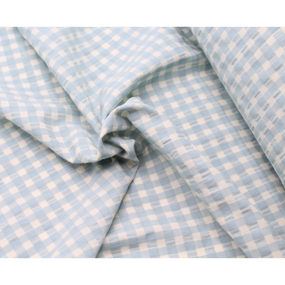 Seersucker / Coton gaufré vichy moyen aqua écru