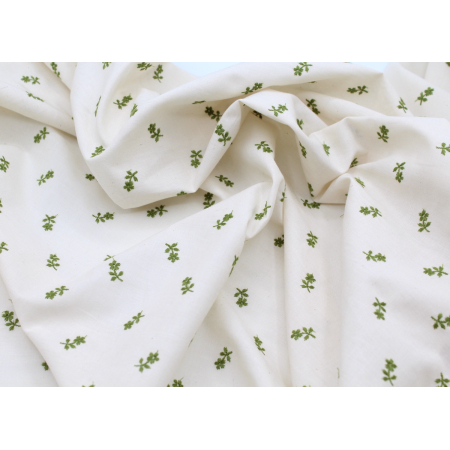 Tissu coton organique broderies fleurs vert olive Tissu coton organique broderies fleurs vert olive