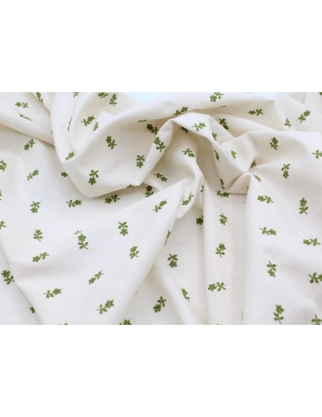 Tissu coton organique broderies fleurs vert olive
