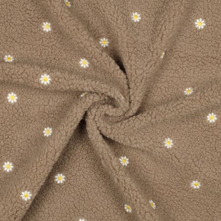 Teddy / moumoute bouclé fond taupe broderies pâquerettes Teddy / moumoute bouclé fond taupe broderies pâquerettes