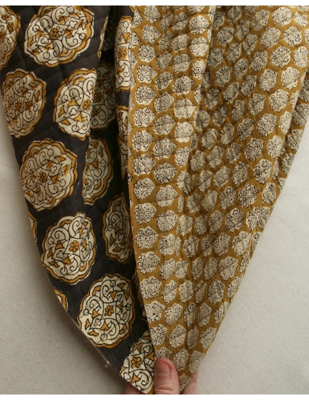 copy of Nisha & rayures - Tissu indien matelassé double face coton hand block teal largeur 100cm