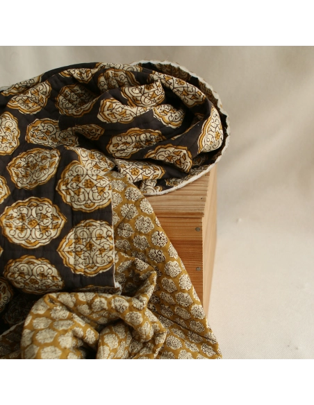 copy of Nisha & rayures - Tissu indien matelassé double face coton hand block teal largeur 100cm