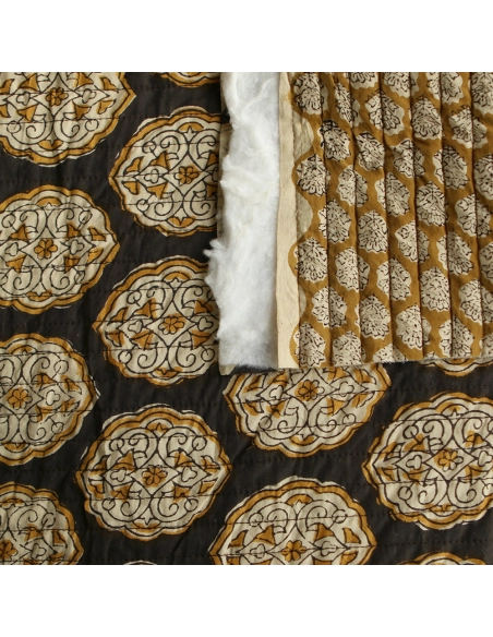 Rani & Pallavi - Tissu indien matelassé double face coton hand block teal largeur 100cm