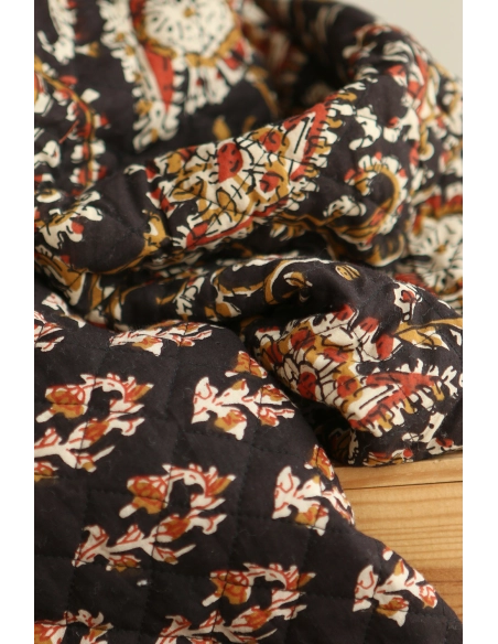 Kajal - Tissu indien matelassé double face coton hand block teal largeur 100cm