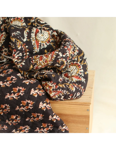 Kajal - Tissu indien matelassé double face coton hand block teal largeur 100cm