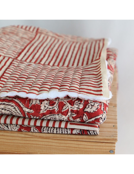 Charvi - Tissu indien matelassé double face coton hand block teal largeur 100cm