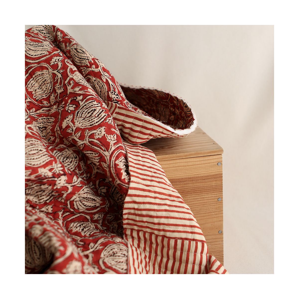 Charvi - Tissu indien matelassé double face coton hand block teal largeur 100cm Charvi - Tissu indien matelassé double face coton hand block teal largeur 100cm