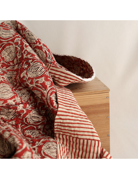 Charvi - Tissu indien matelassé double face coton hand block teal largeur 100cm