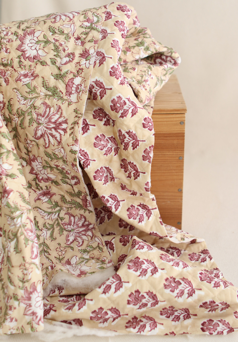 Diya - Tissu indien matelassé double face coton hand block teal largeur 100cm