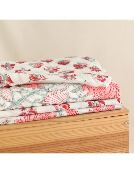 Yamini - Tissu indien matelassé double face coton hand block teal largeur 100cm