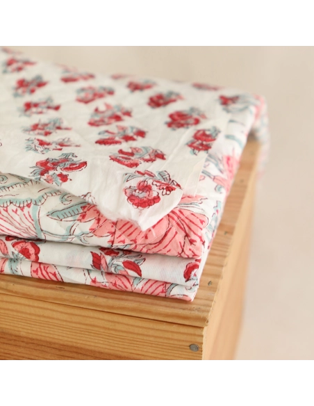 Yamini - Tissu indien matelassé double face coton hand block teal largeur 100cm