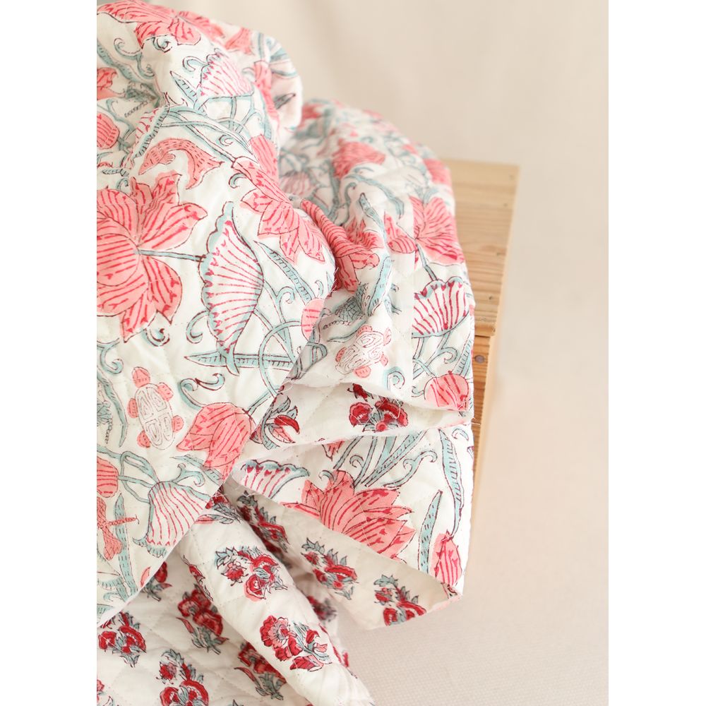 Yamini - Tissu indien matelassé double face coton hand block teal largeur 100cm